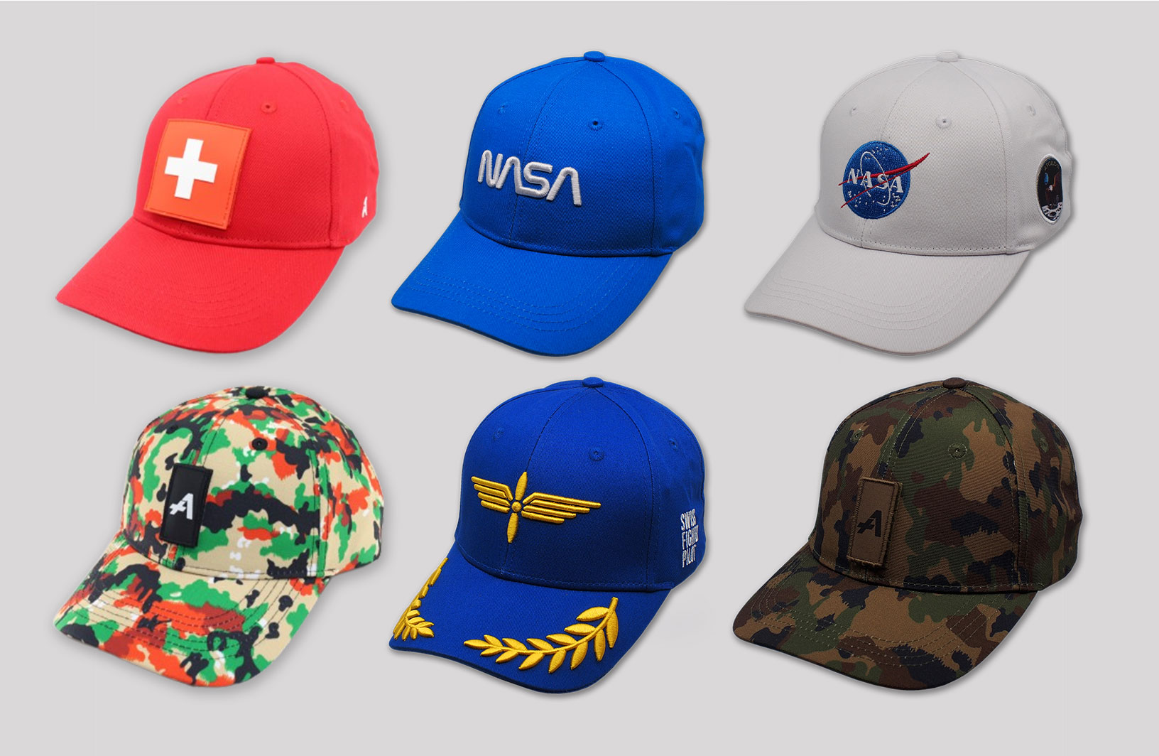 Casquettes: NASA, SUisse, armée suisse, aviation suisse